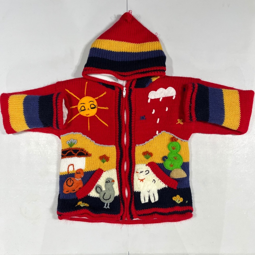 Handmade Kids Cottagecore Knit Farm Landscape Hoodie Sweater Fleece Lined Size 6